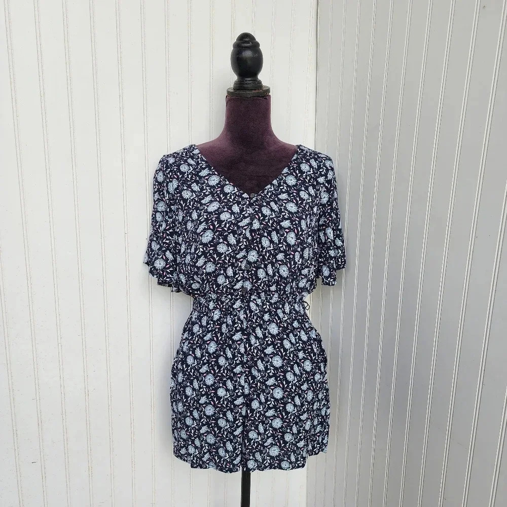 LOFT Romper Women Navy Blue Floral Boho Peasant Romantic Feminine Sz XS Petite